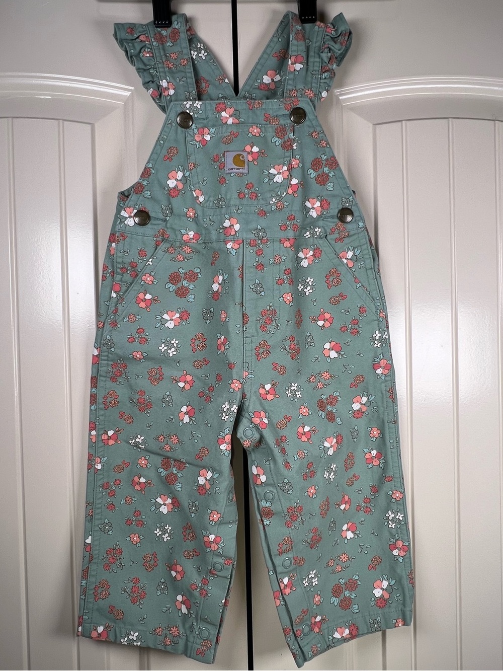 NWOT Carhartt Girls Floral Canvas Overalls Patina Green Ruffle Straps 18 Months